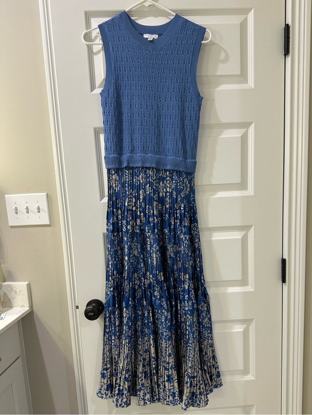 Blue Knit Sleeveless Top with Floral Pleated Skirt Dress! This is one piece!